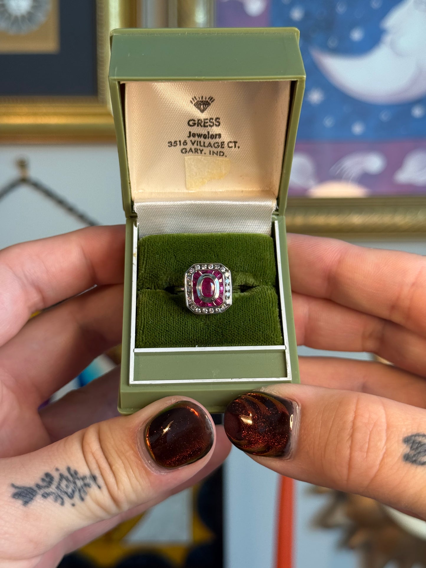 White gold rectangle ruby and diamond ring