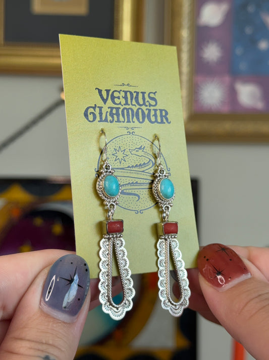 Elongated Turquoise & Coral earrings