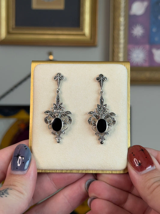 Ornate Black Onyx & Marcasite earrings