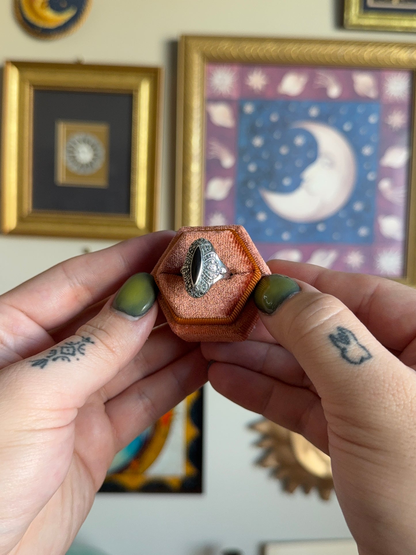 Elongated Marquise black onyx ring