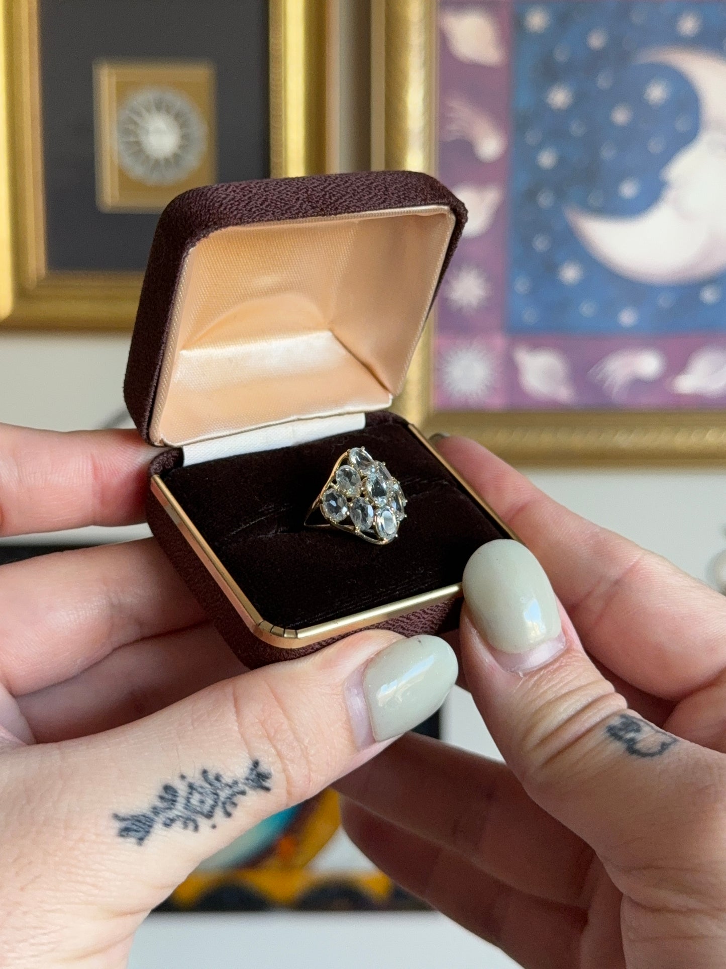 Gold aquamarine cluster ring