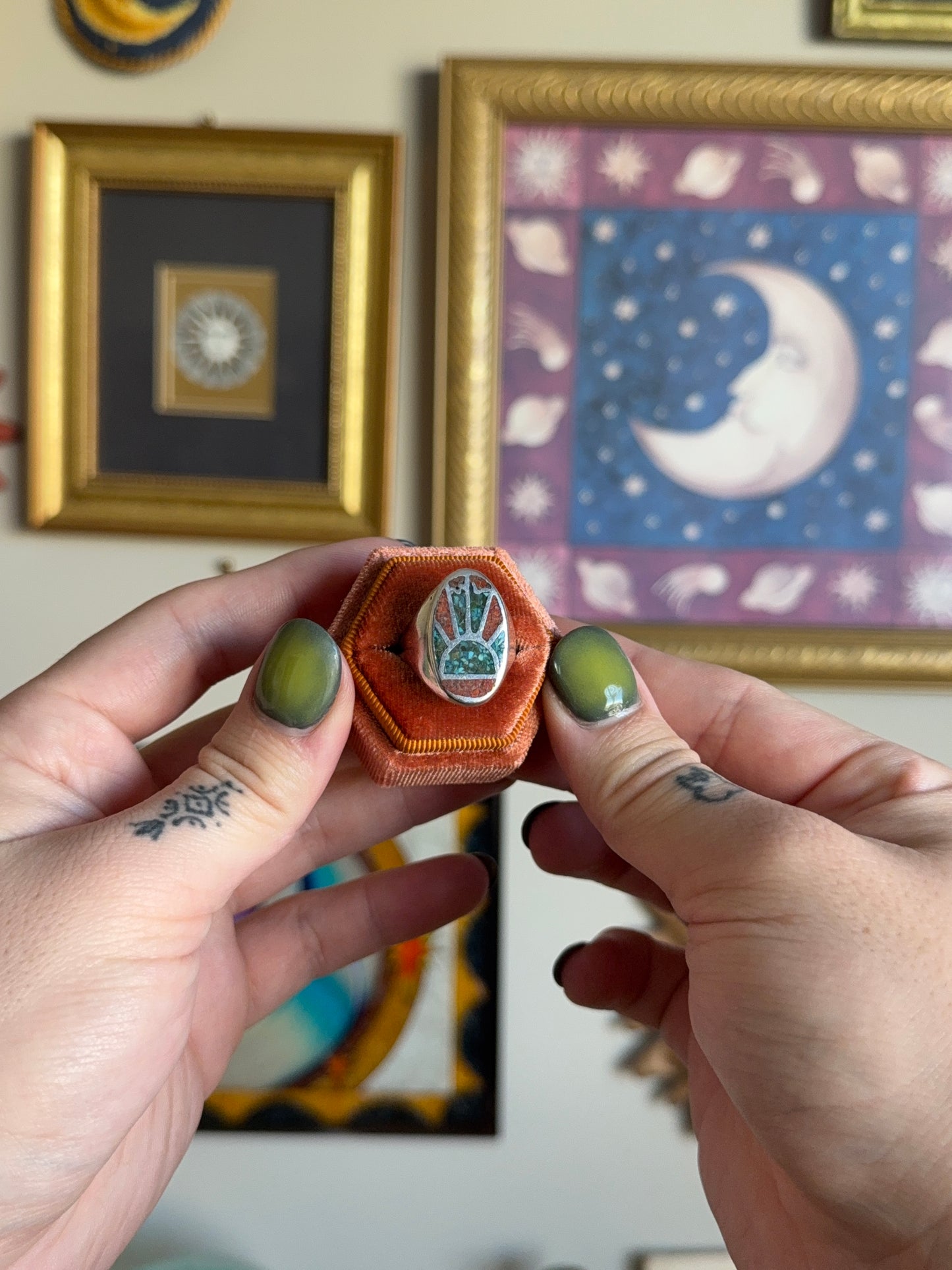 Turquoise & Coral inlay sunset signet