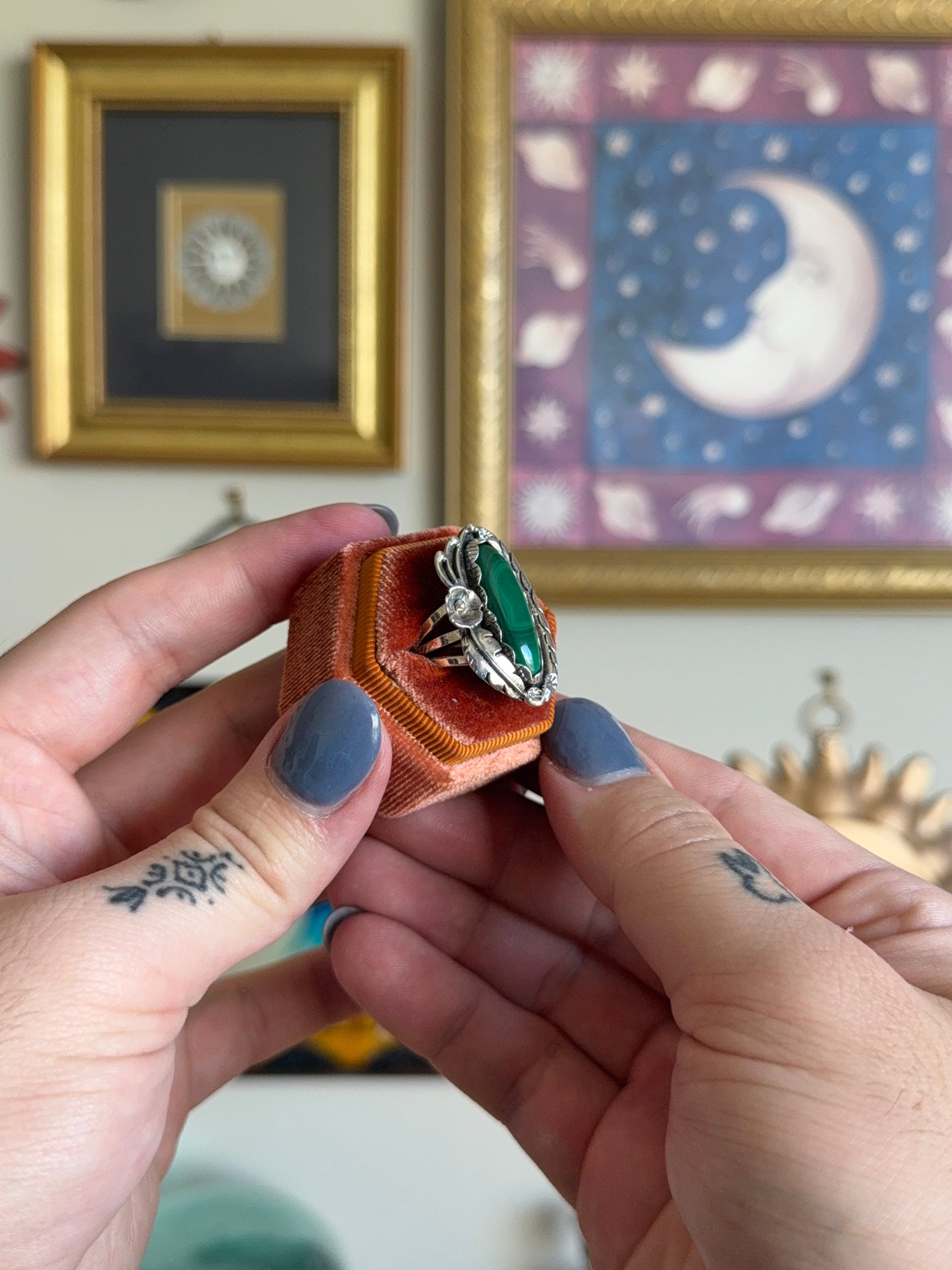 Elongated Malachite with floral motif ring