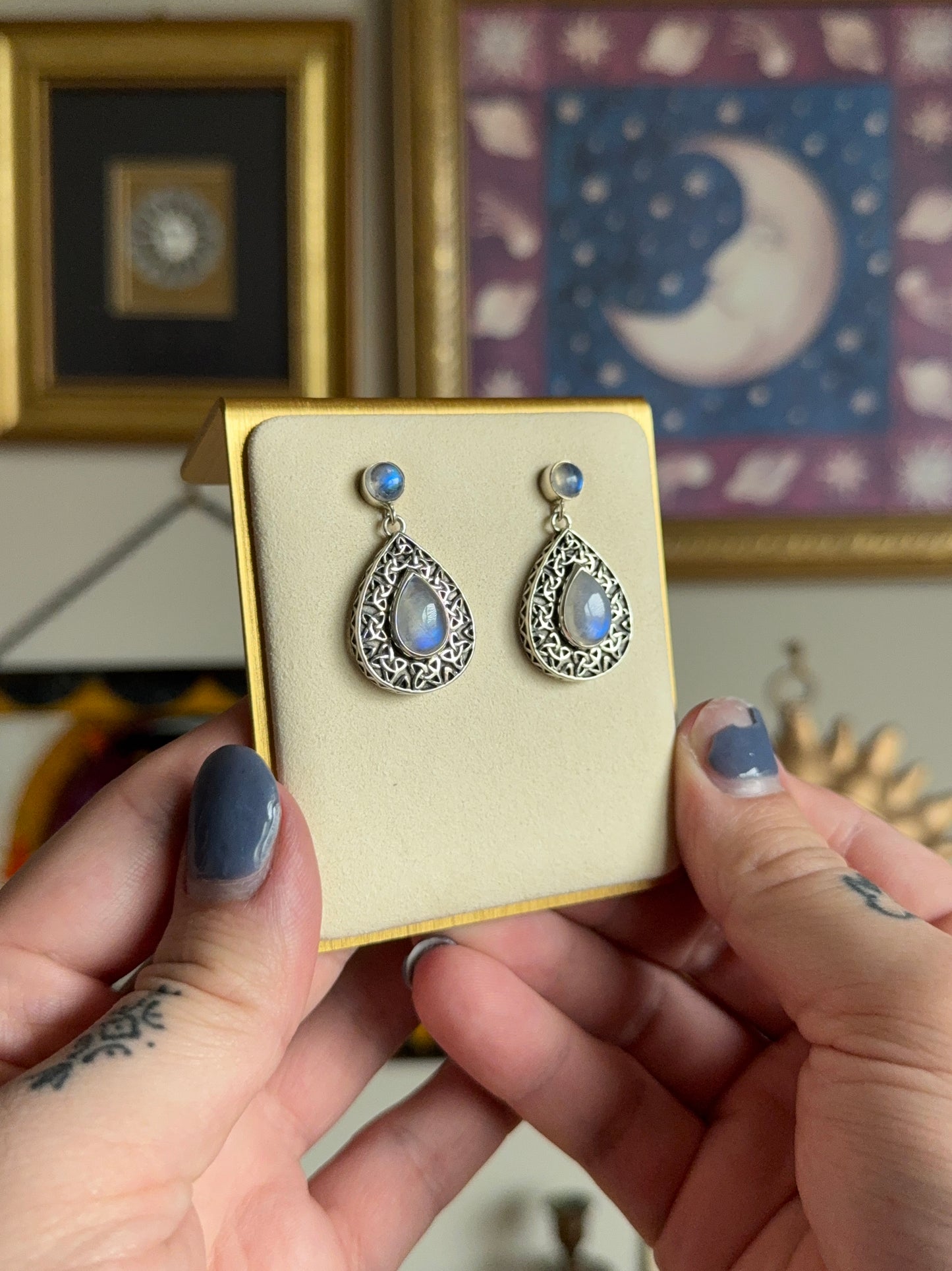 Tear drop rainbow moonstone earrings