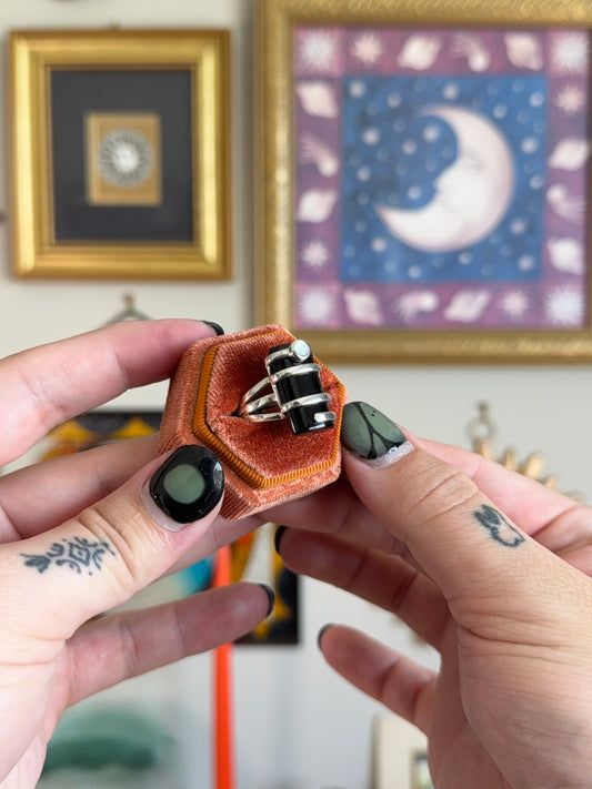 Elongated black onyx & mother of pearl ring