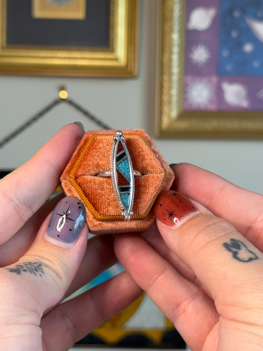 Elongated Turquoise & Coral& onyx inlay ring