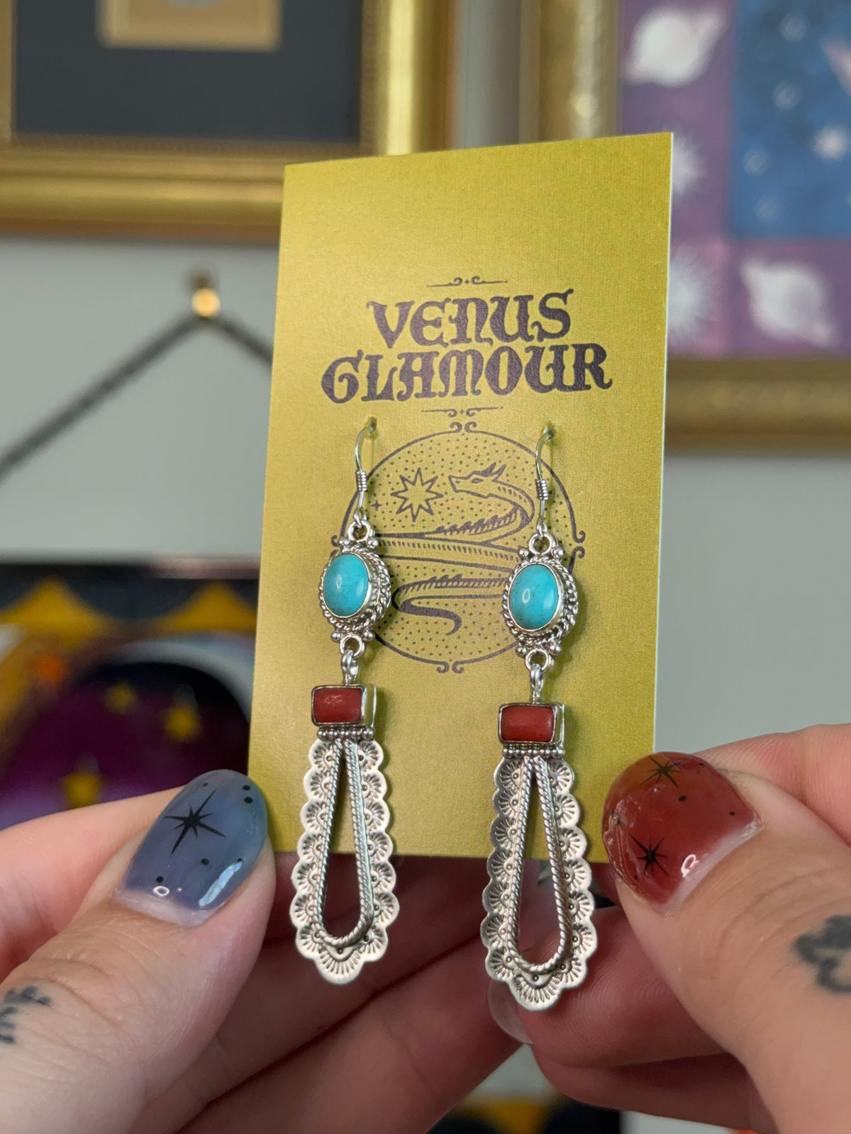 Elongated Turquoise & Coral earrings