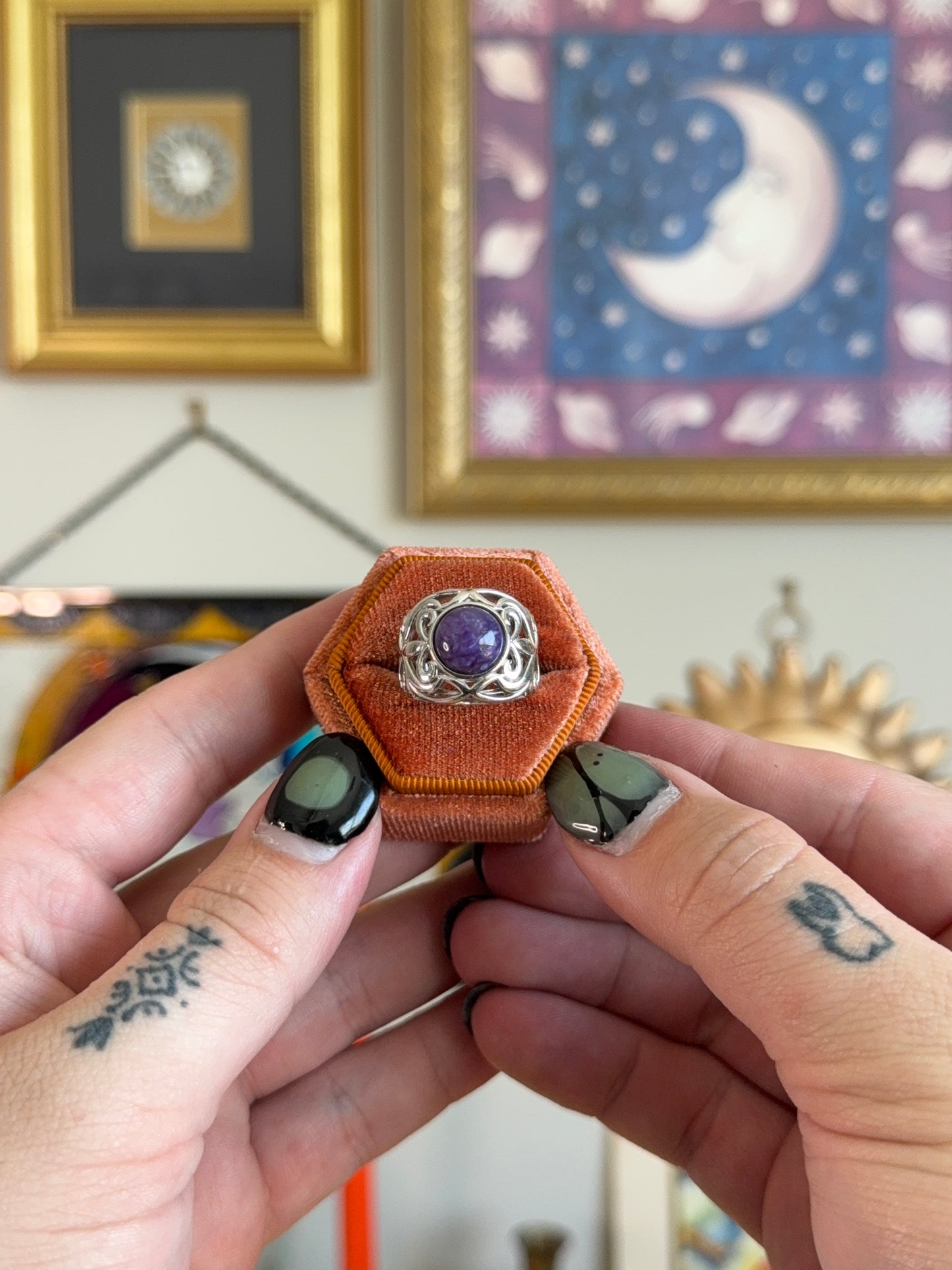 Charoite filigree ring