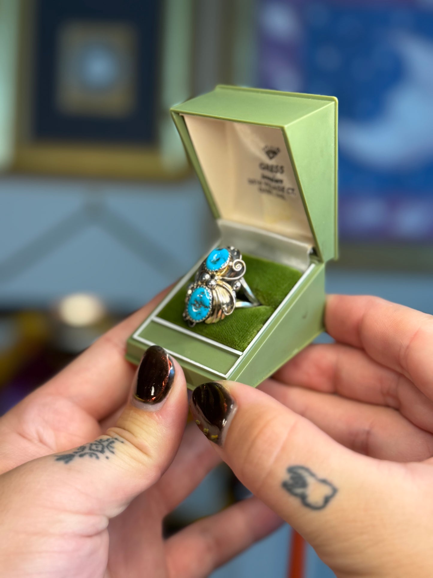 Double turquoise ring with gold plated details