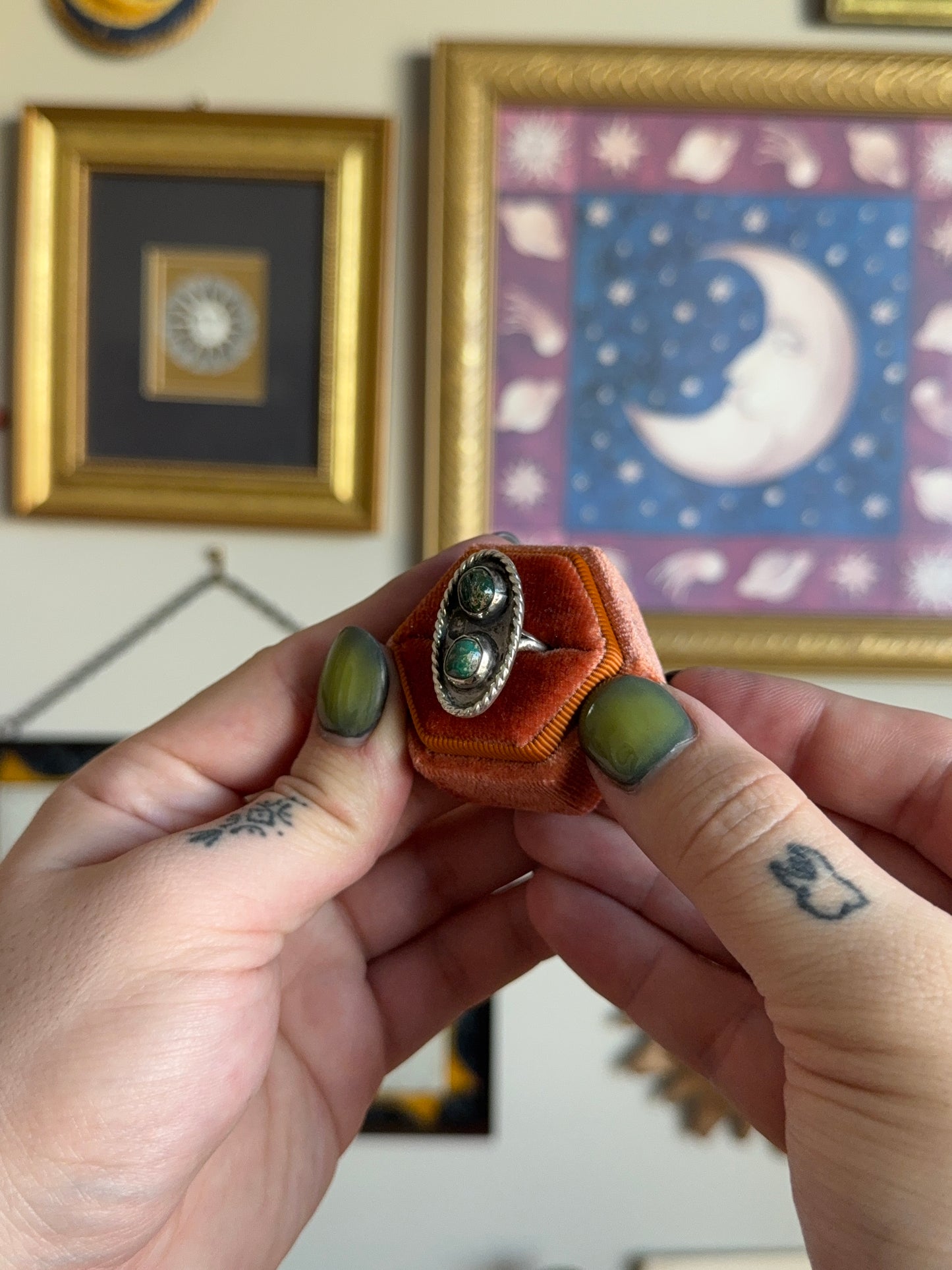 Oval double green turquoise ring