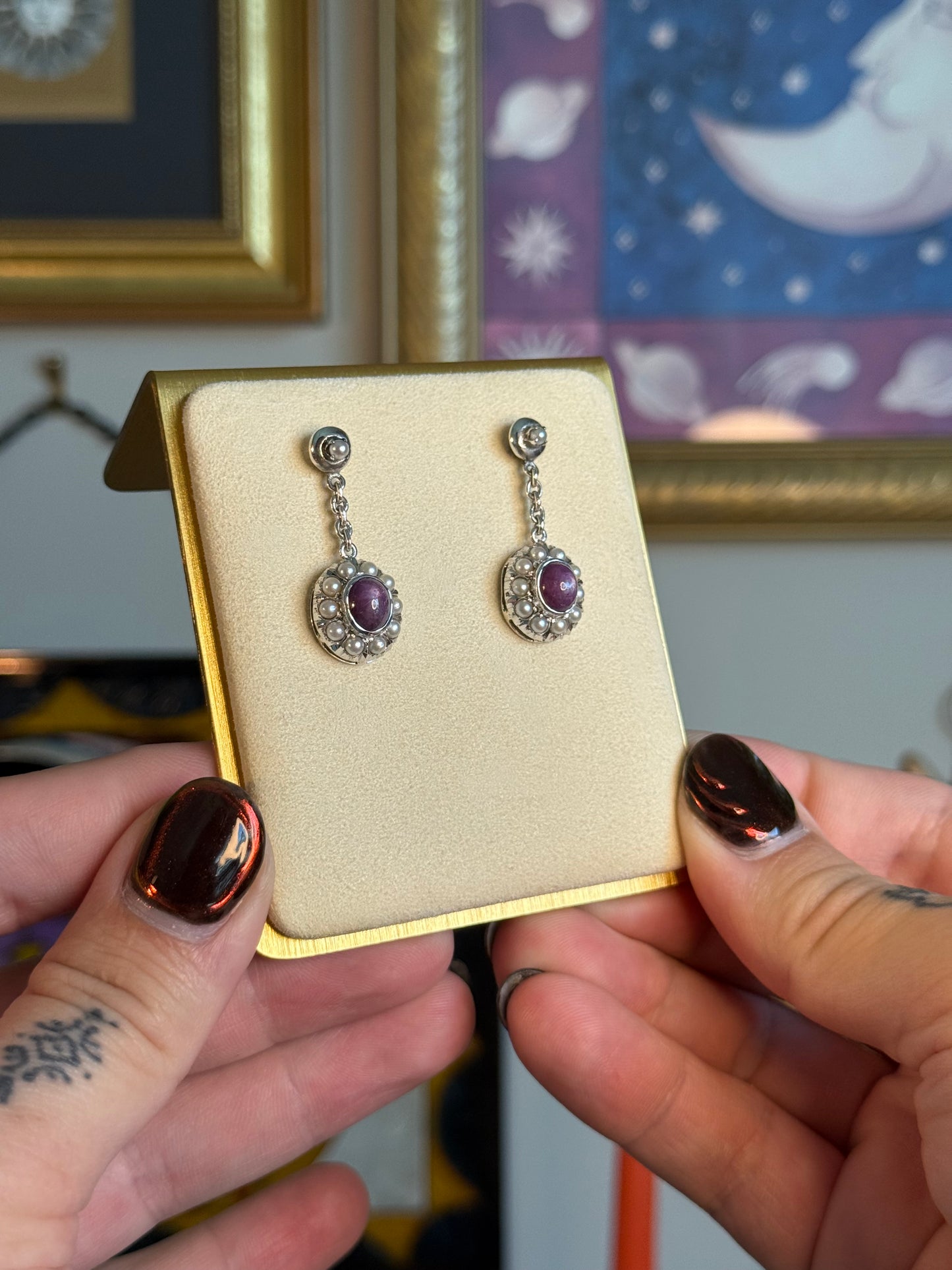 Pearl and star ruby earrings