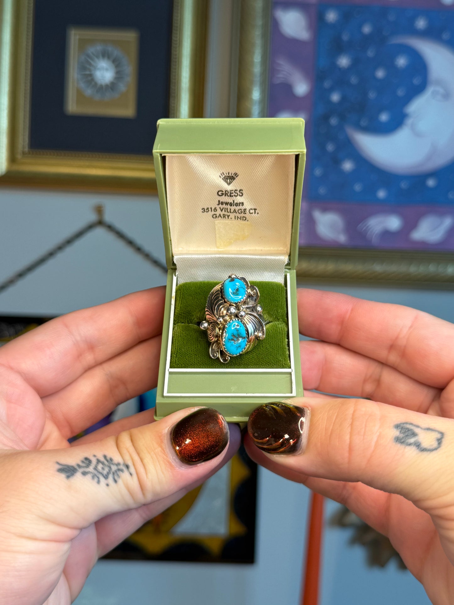 Double turquoise ring with gold plated details