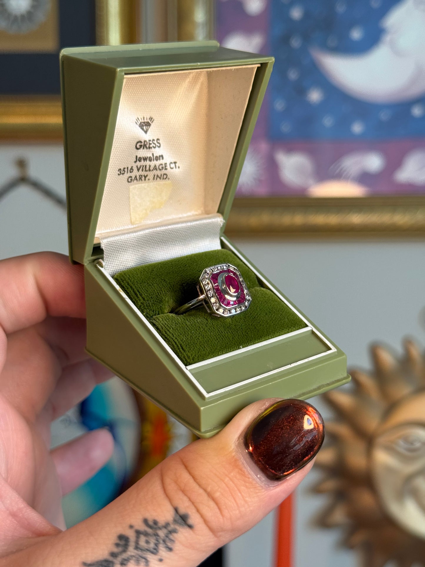 White gold rectangle ruby and diamond ring