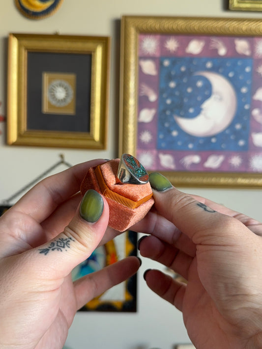 Turquoise & Coral inlay sunset signet