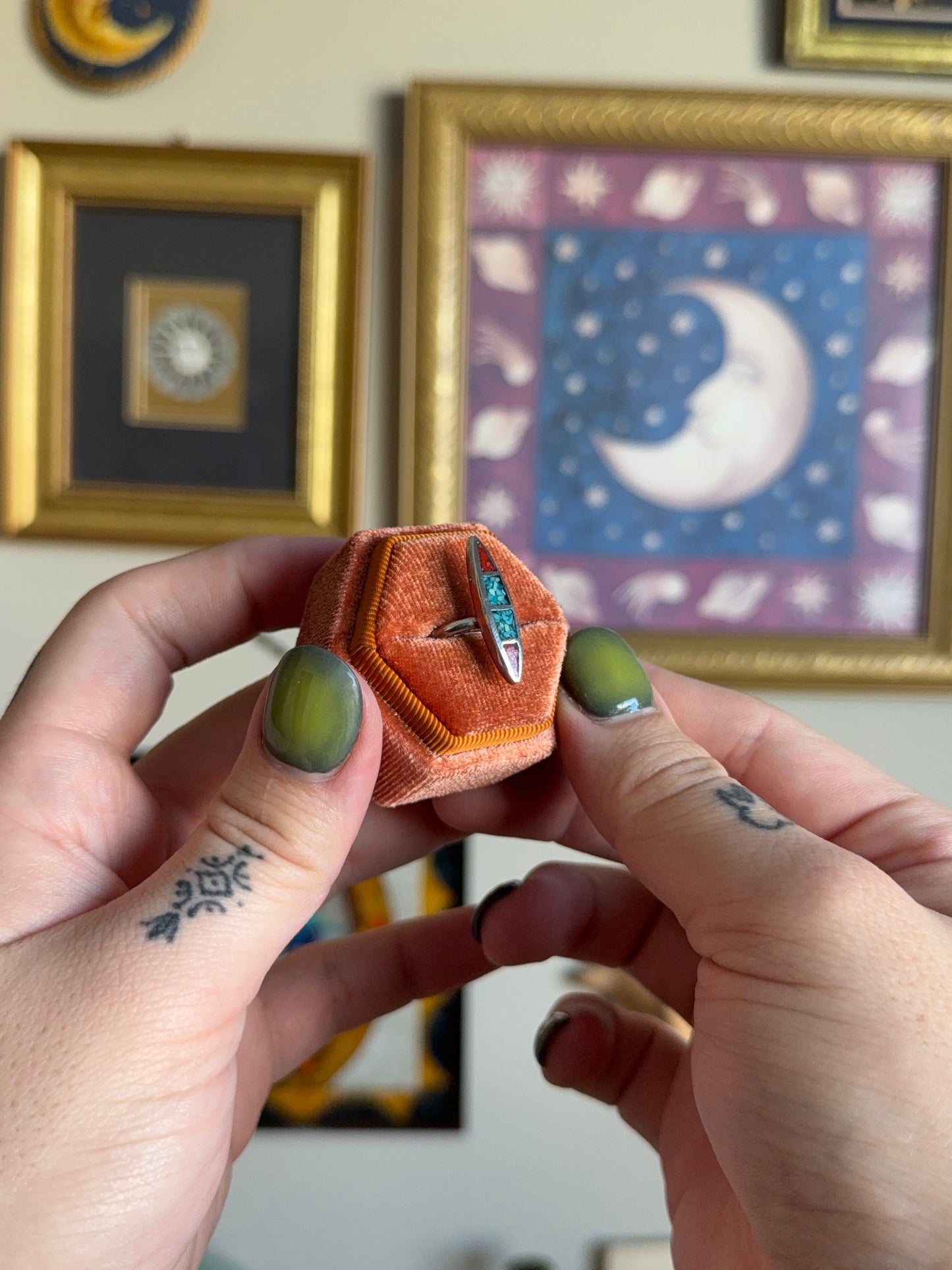 Marquise turquoise and coral inlay ring