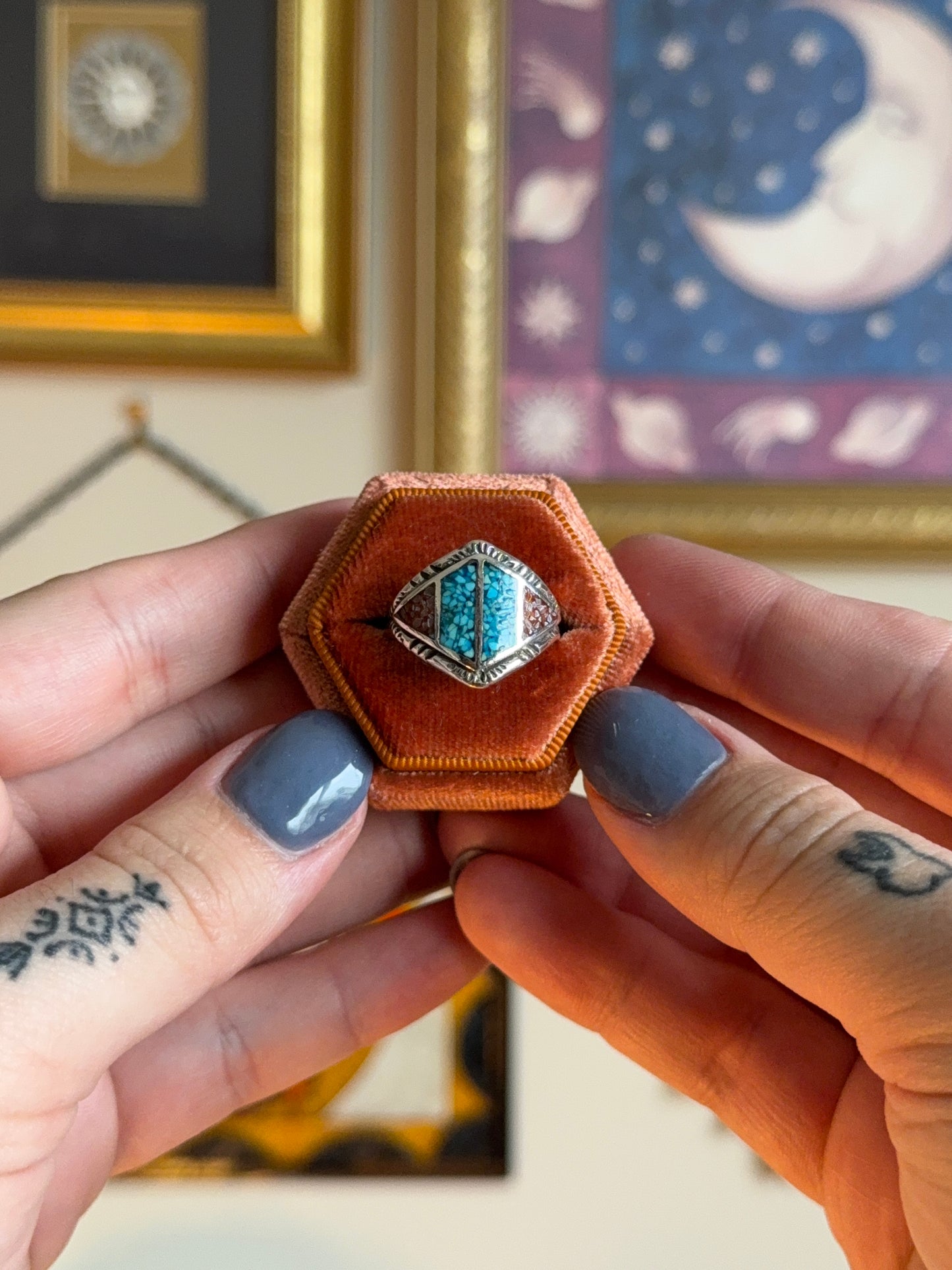 Silver Diamond ring with turquoise & coral crushed inlay
