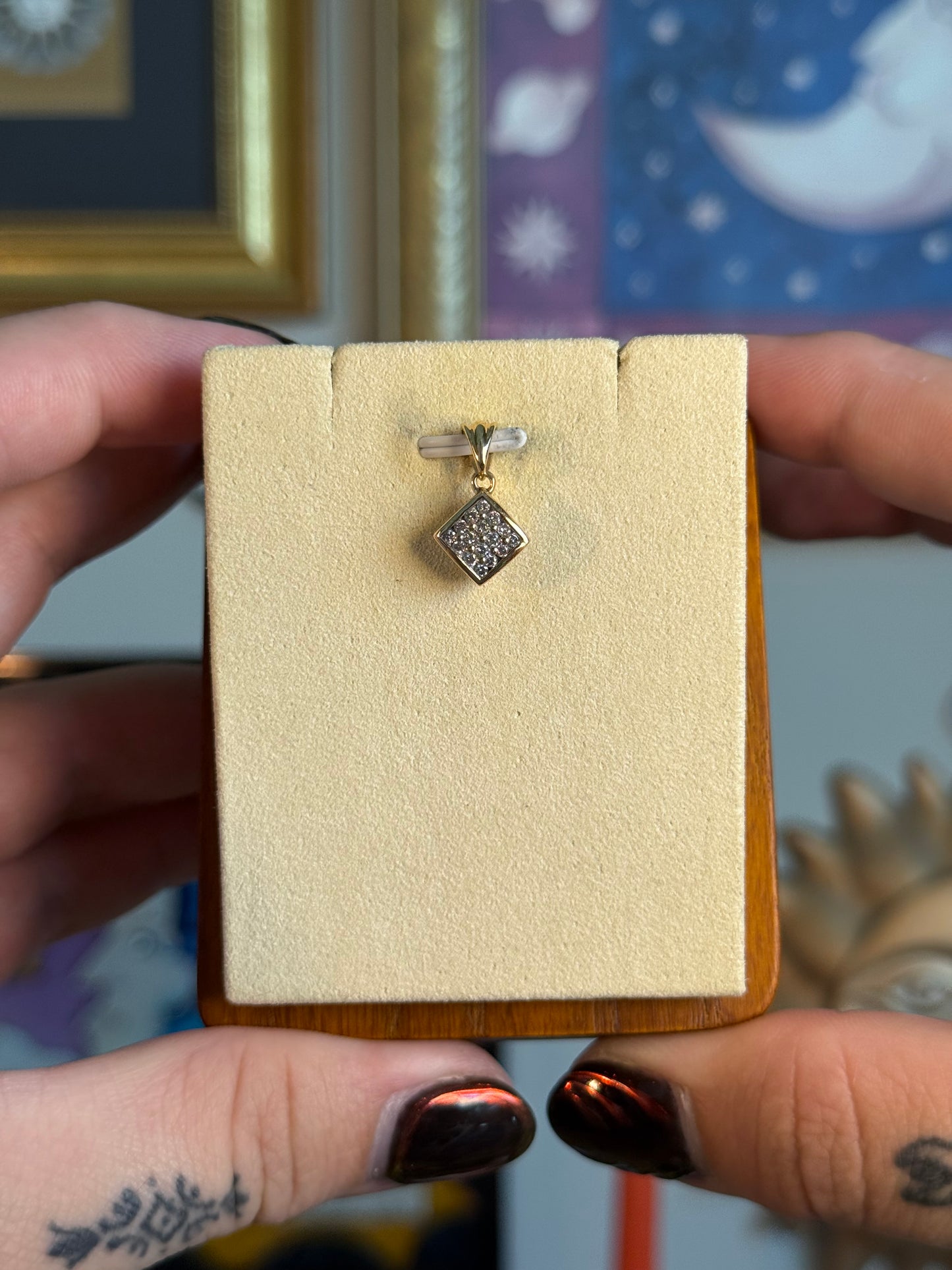 Diamond shaped diamond cluster pendant