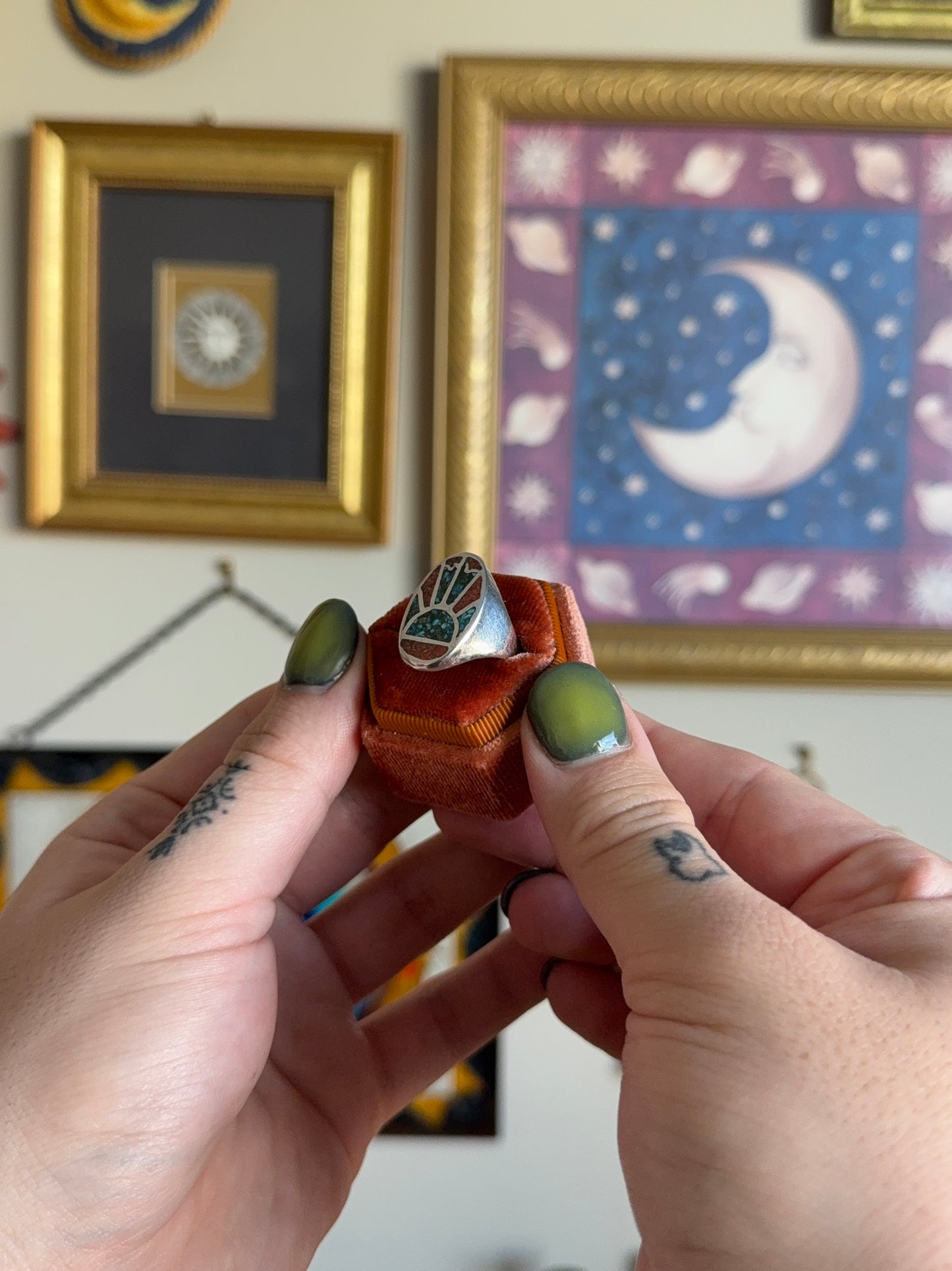 Turquoise & Coral inlay sunset signet