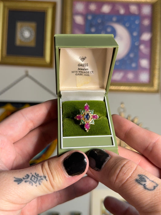 Byzantine cabochon sapphire, ruby & emerald ring