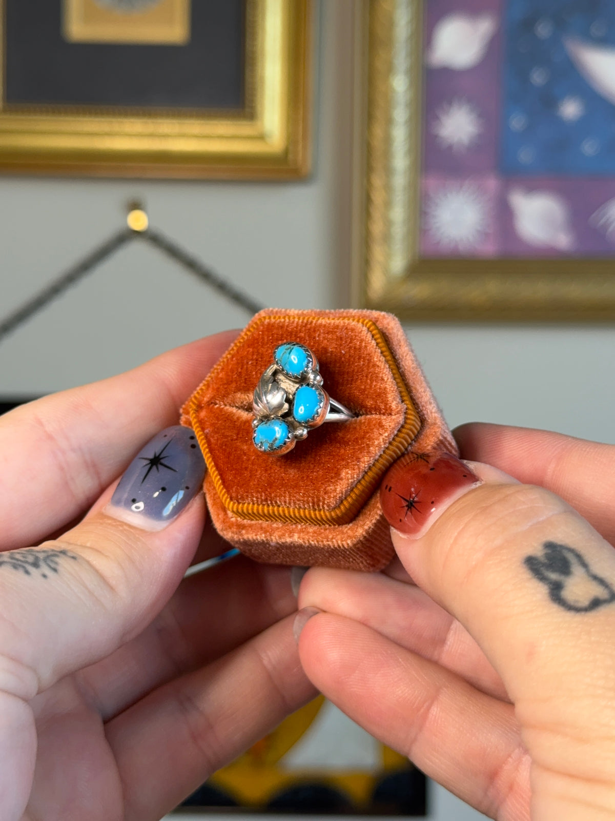 Triple Turquoise with leaf motif ring