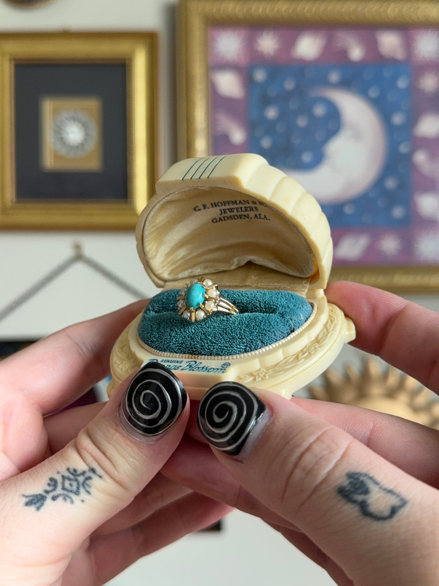 Antique Turquoise & cultured pearls cluster ring
