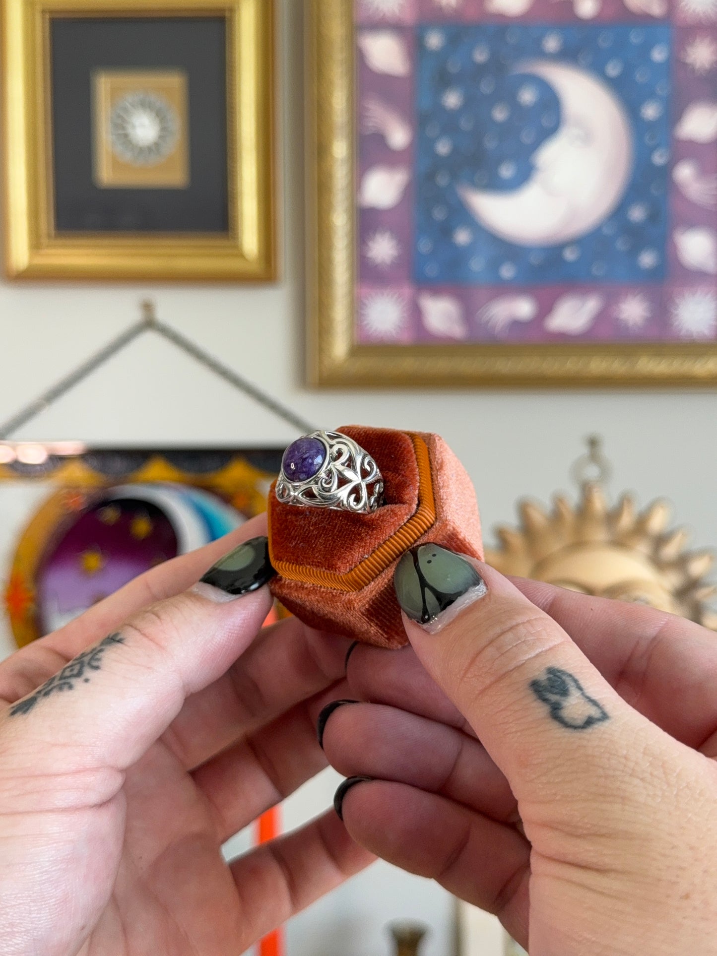 Charoite filigree ring