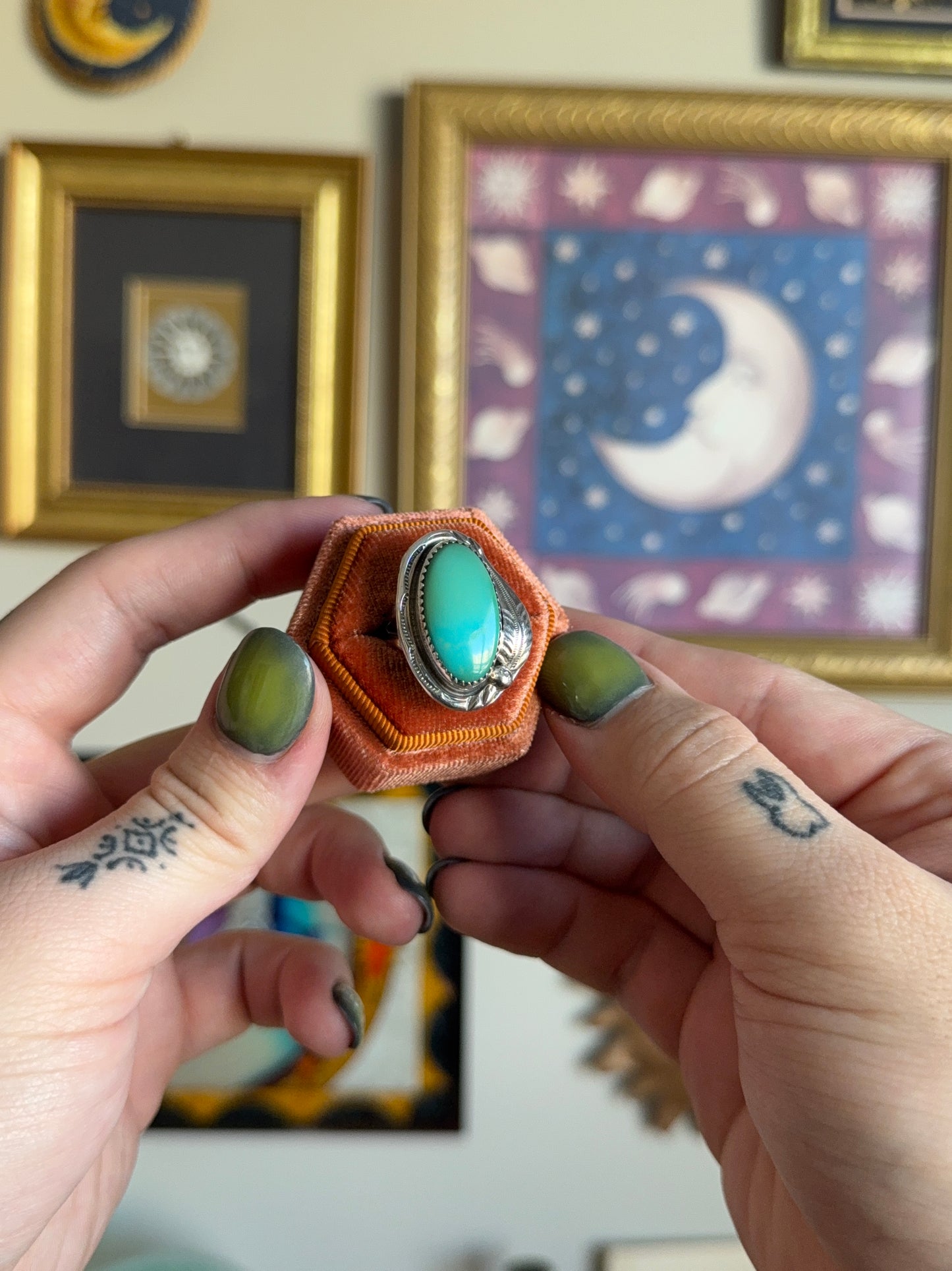 Big Turquoise oval with leaf motif
