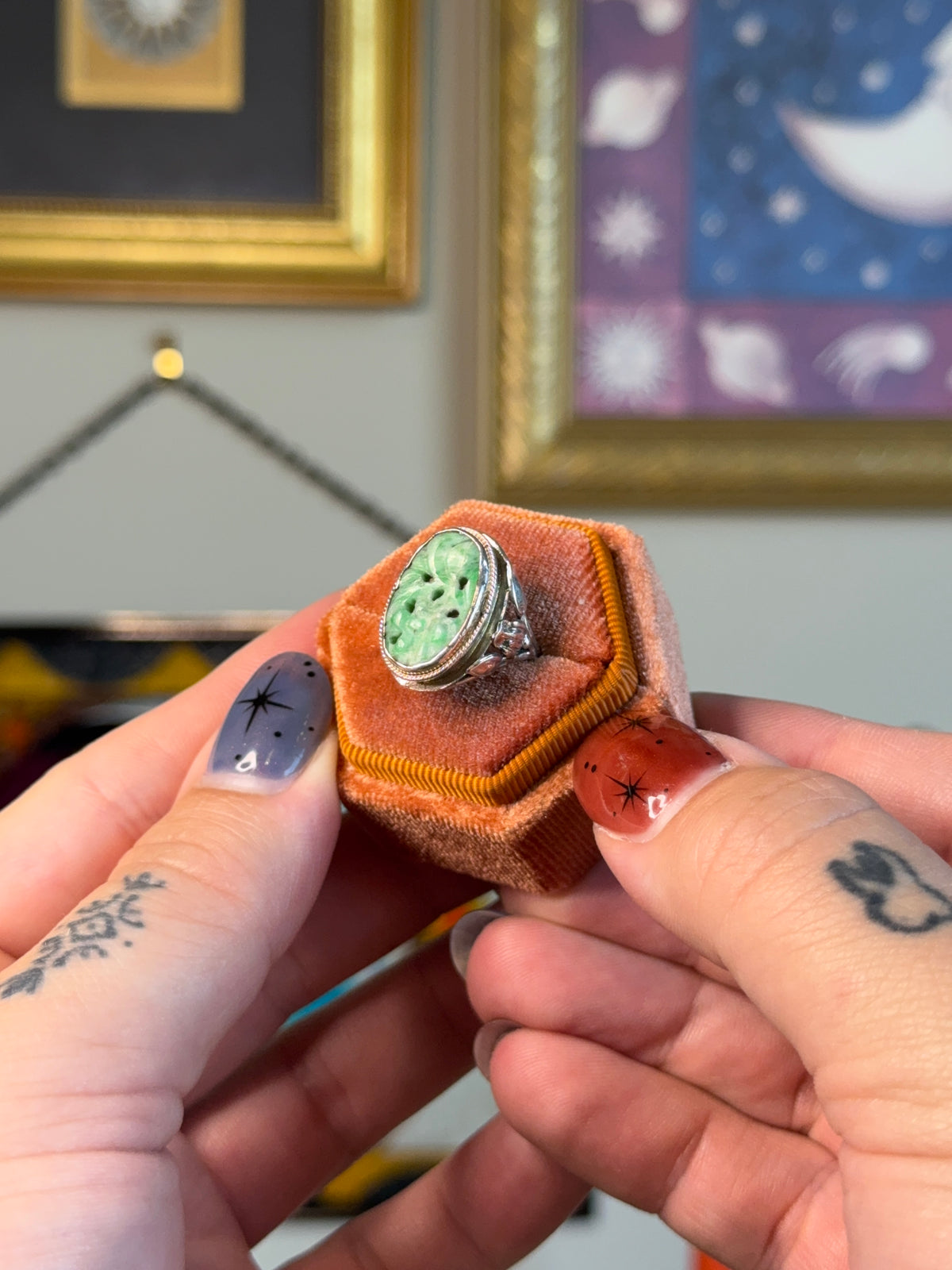Engraved jade floral ring