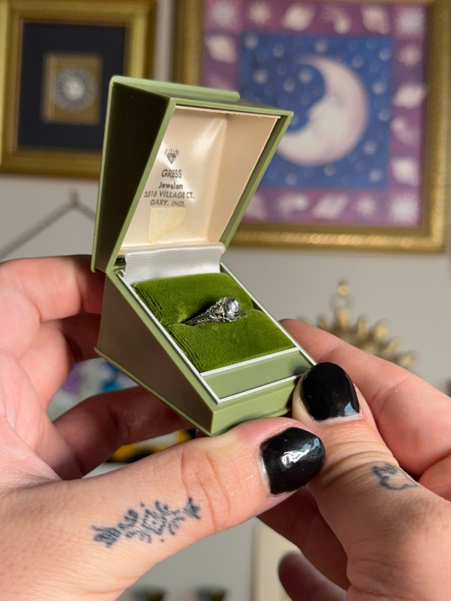 Antique square white gold diamond filigree ring