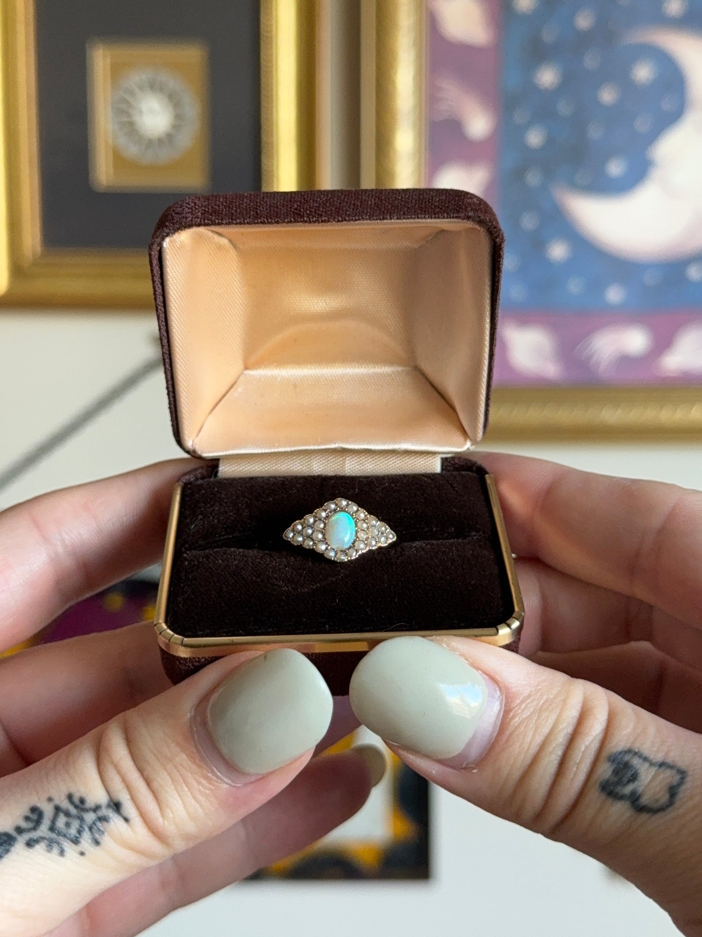 Antique opal and seed pearl ring