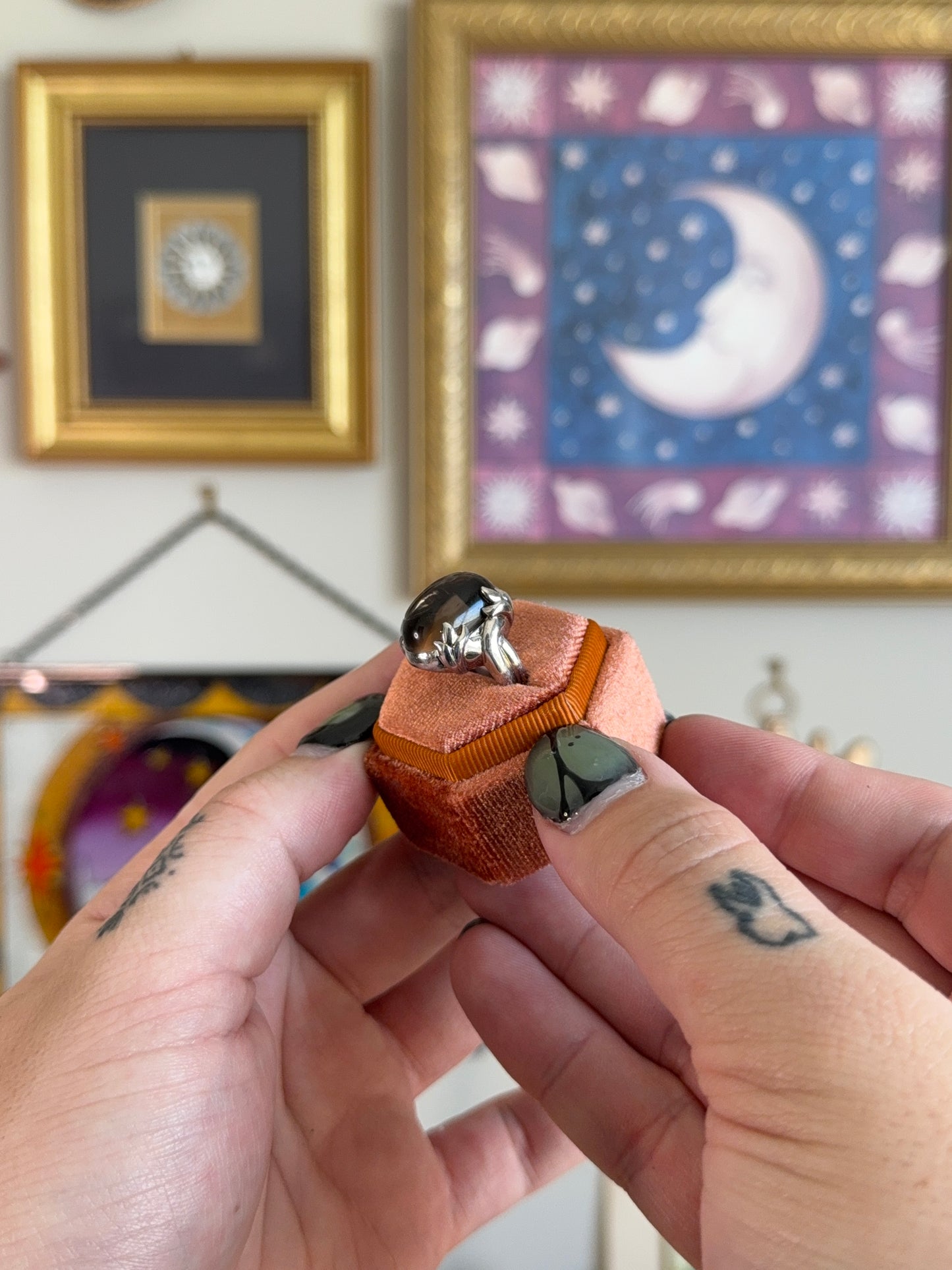 Smokey glass cabochon ring