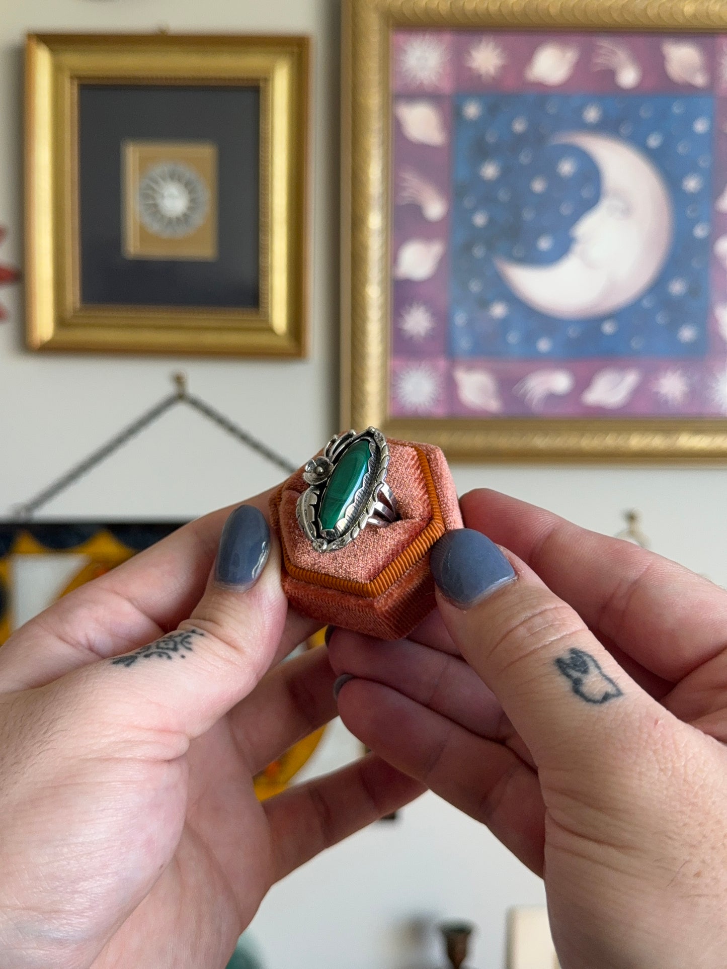 Elongated Malachite with floral motif ring