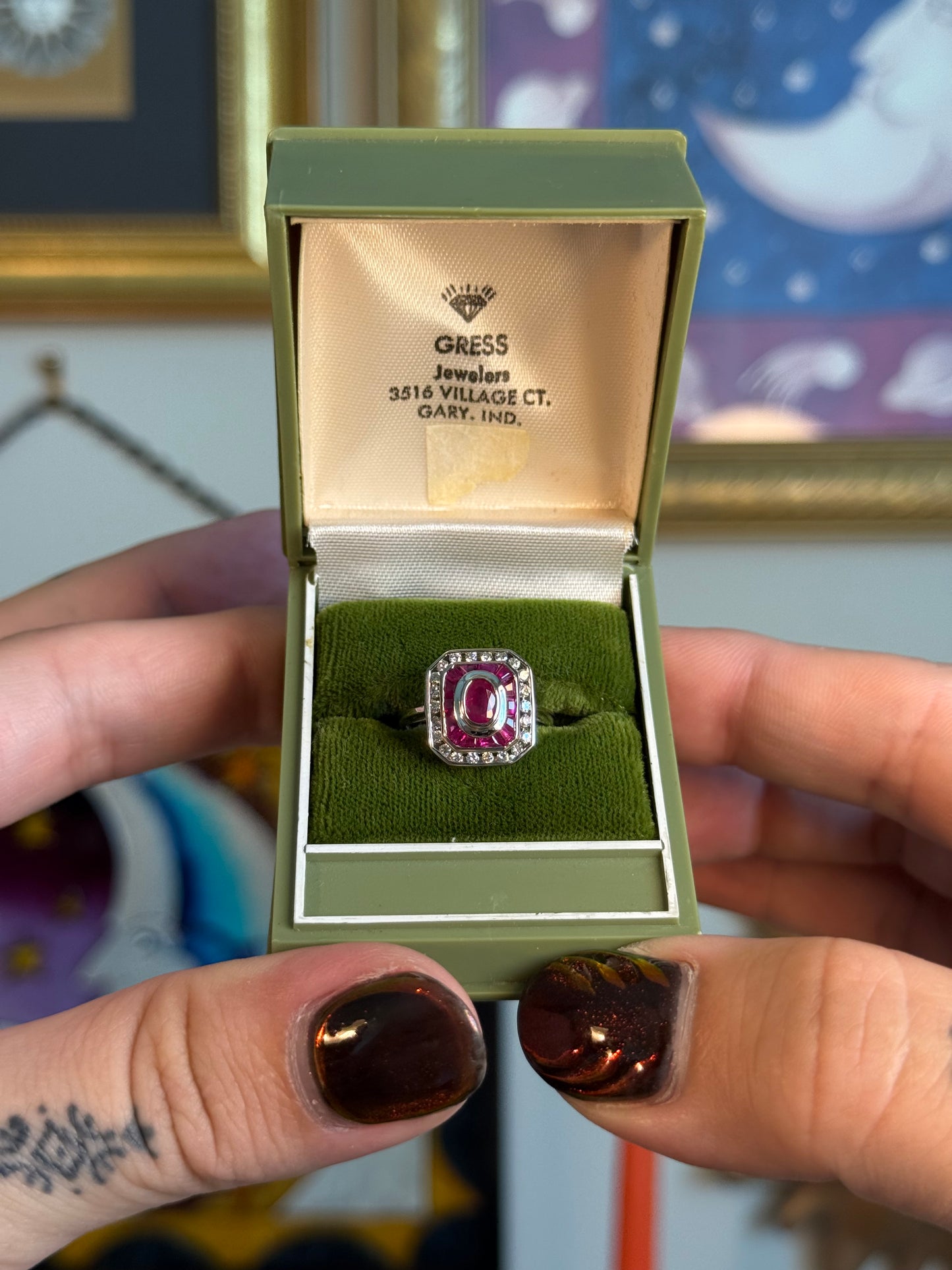 White gold rectangle ruby and diamond ring