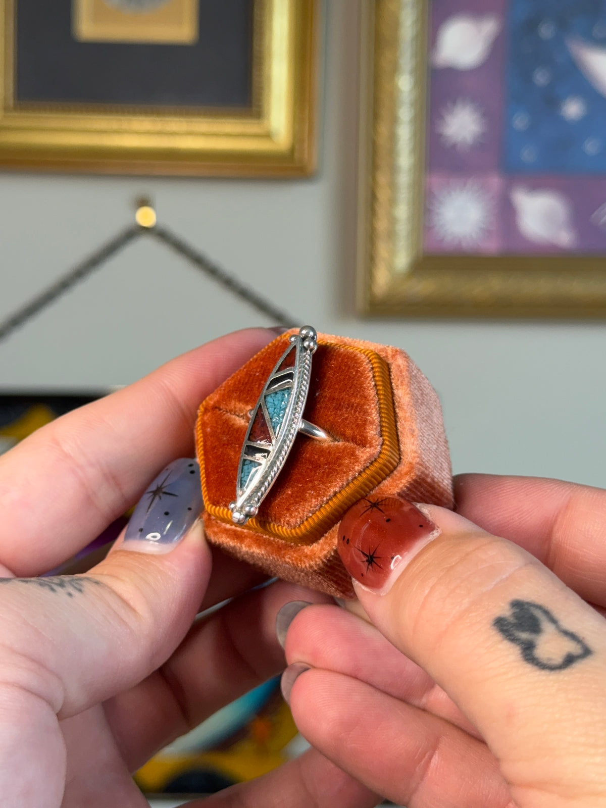 Elongated Turquoise & Coral& onyx inlay ring
