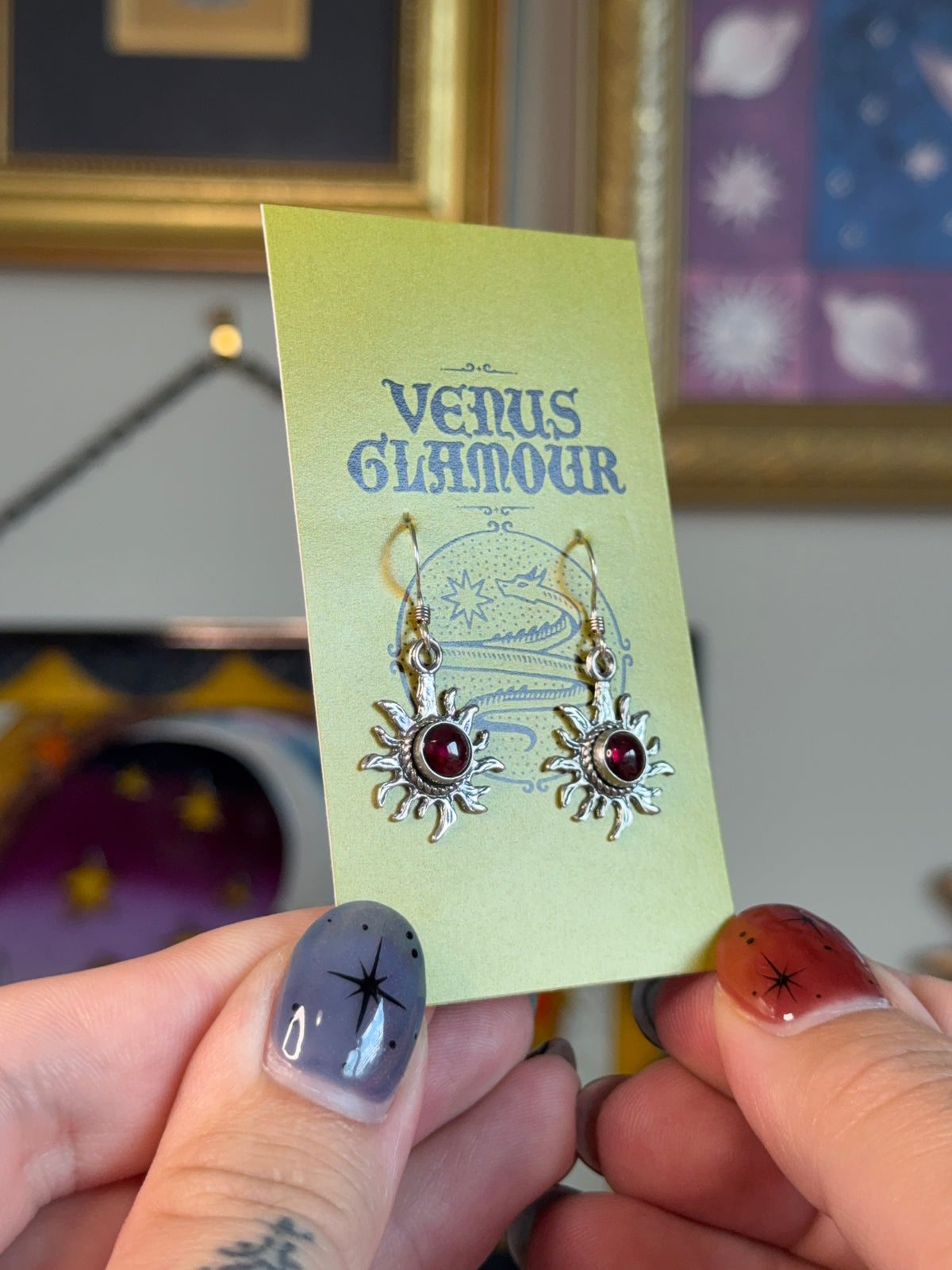 Garnet celestial sun earrings