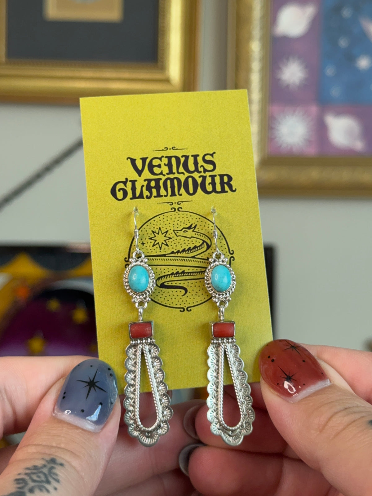 Elongated Turquoise & Coral earrings