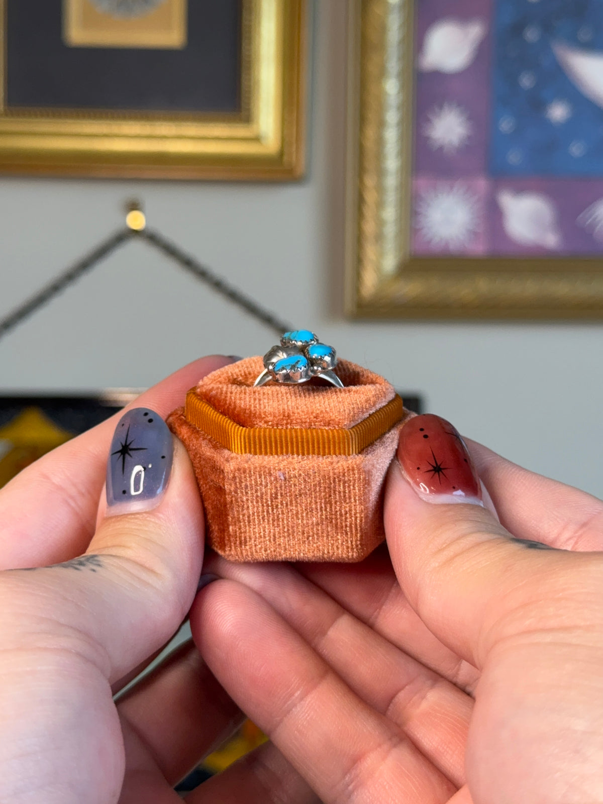 Triple Turquoise with leaf motif ring
