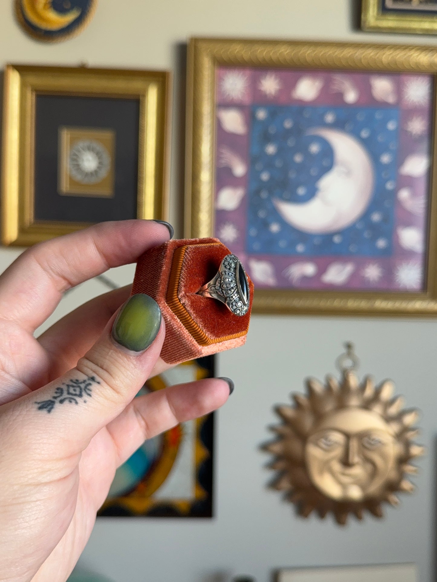 Elongated Marquise black onyx ring