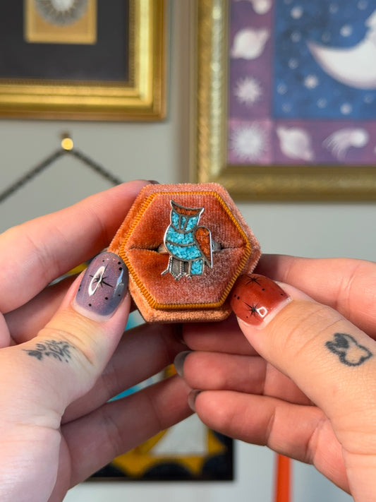 Navajo Turquoise & Coral owl inlay ring