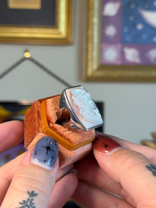 Large ornate mother of pearl cameo ring