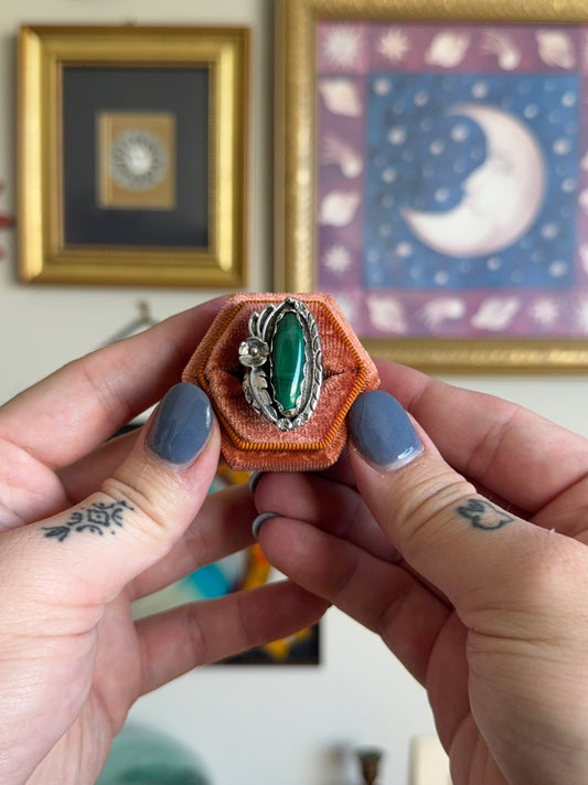 Elongated Malachite with floral motif ring