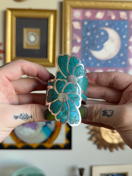 Floral Turquoise hinged cuff