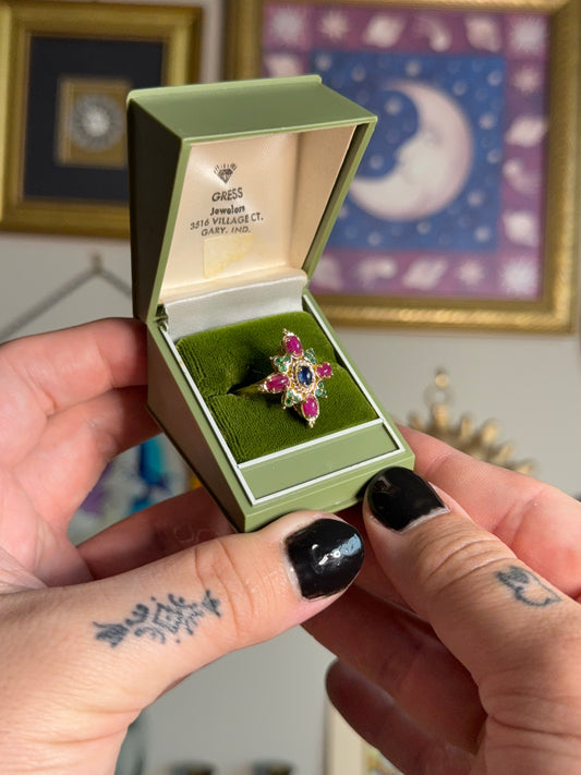 Byzantine cabochon sapphire, ruby & emerald ring