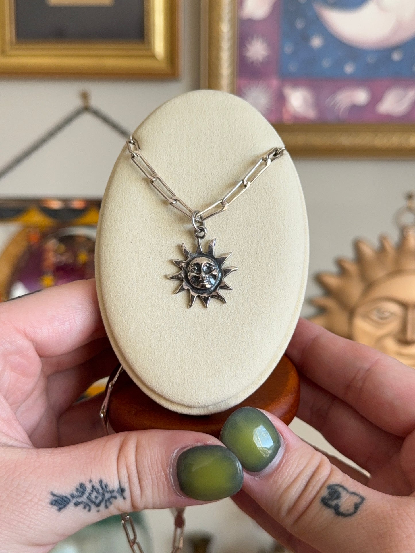 Silver sun necklace with paper clip Chain