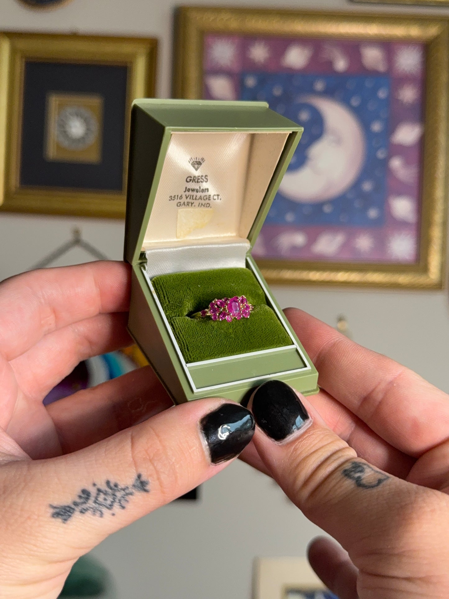 Yellow gold pink ruby cluster ring