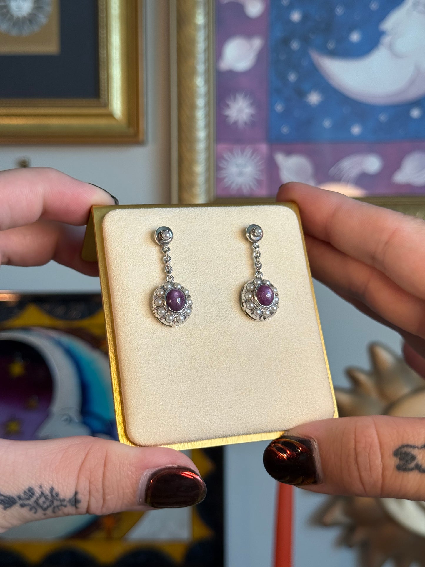 Pearl and star ruby earrings