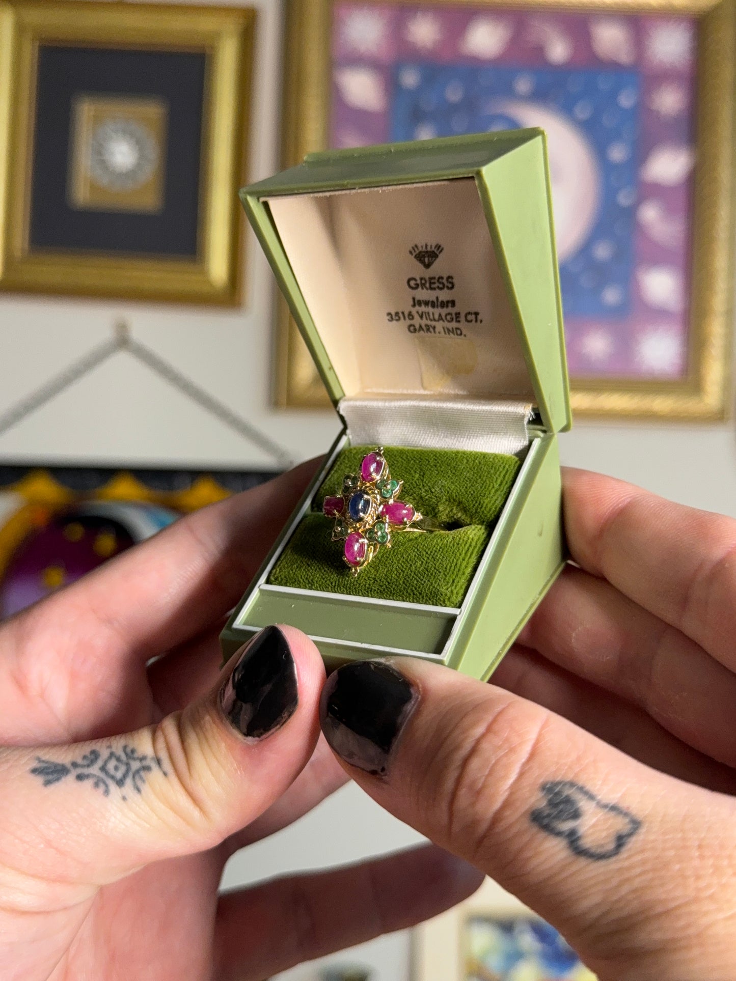 Byzantine cabochon sapphire, ruby & emerald ring