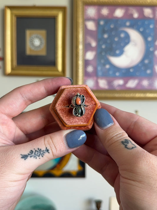 Turquoise & Coral floral ring