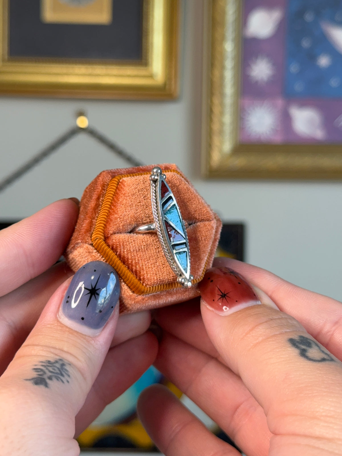 Elongated Turquoise & Coral& onyx inlay ring
