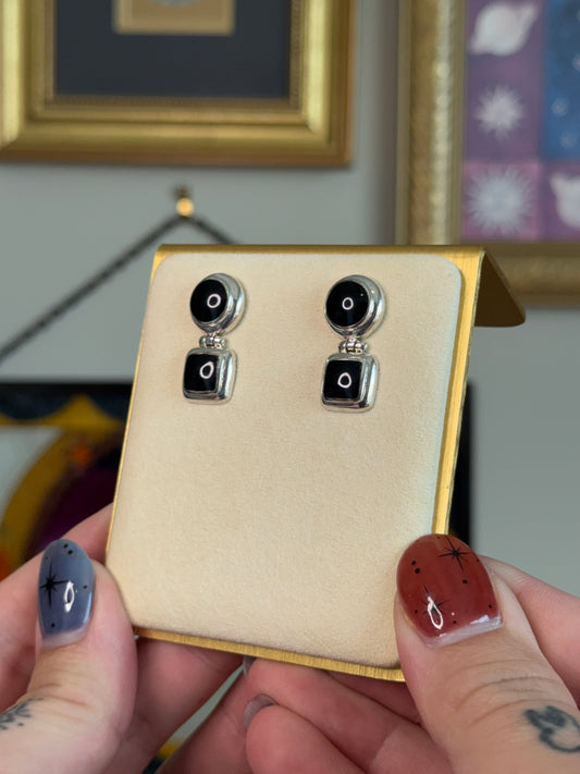 Black onyx circle and square earrings